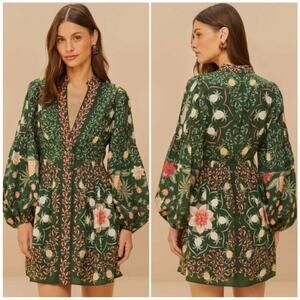 FARM Rio Green Pineapple Garden Long Sleeve Mini Dress M